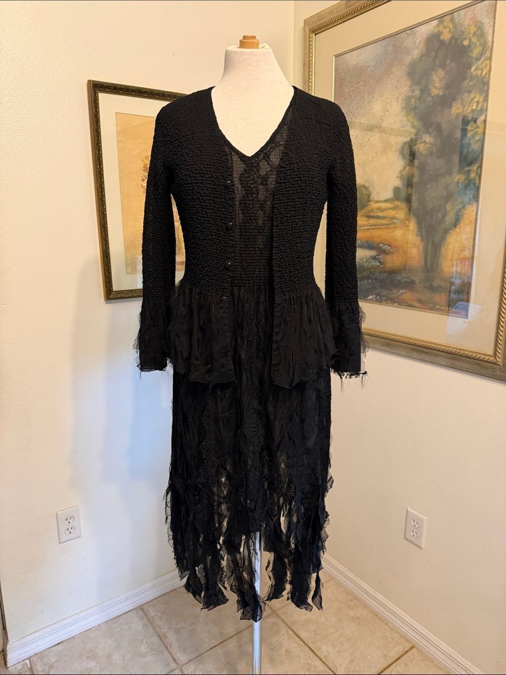 UBU Paris Black Lace Layered Textured Fringe 2PC. Jacket/Dress Size Large